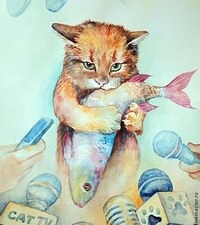 кот ест рыбу